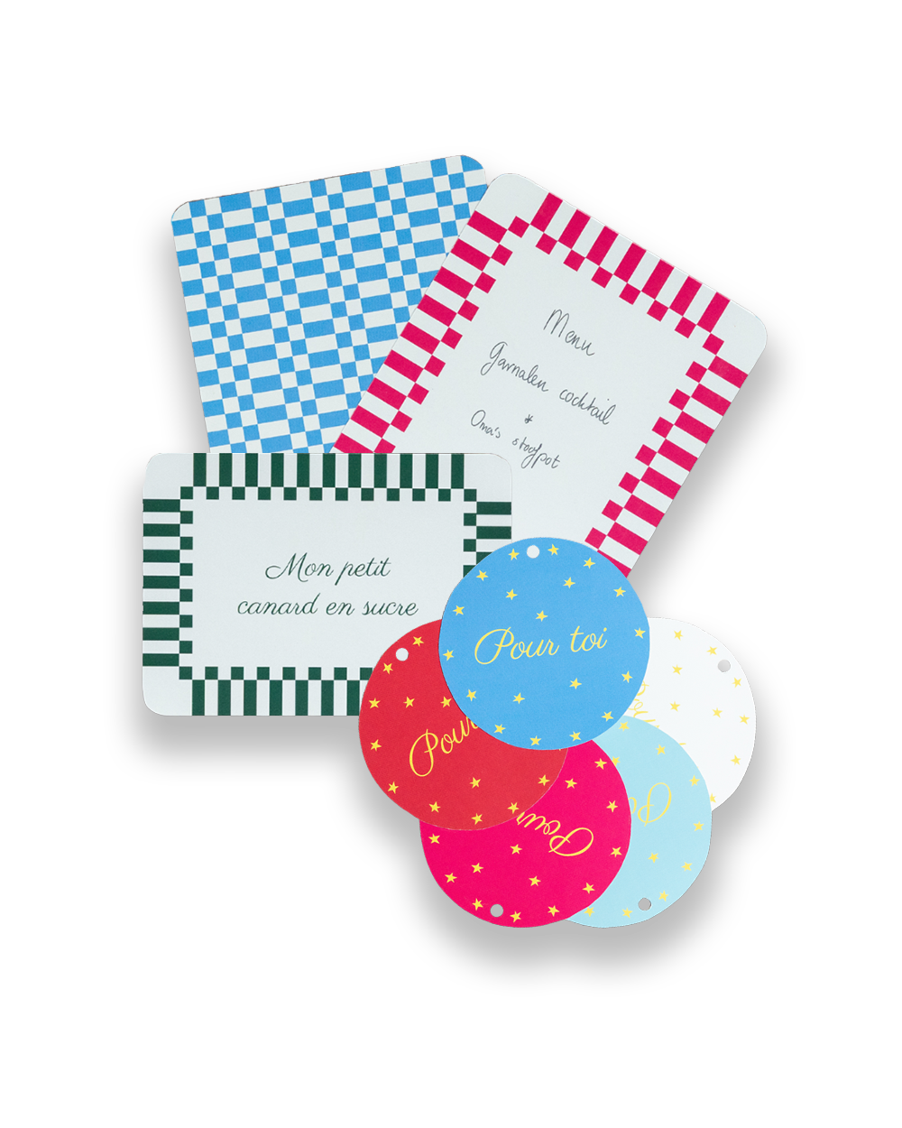 Met dit feestpakket van Chouette by Jet heb je alles in één keer bij de hand: menukaarten, wenskaarten en naamlabels. 
